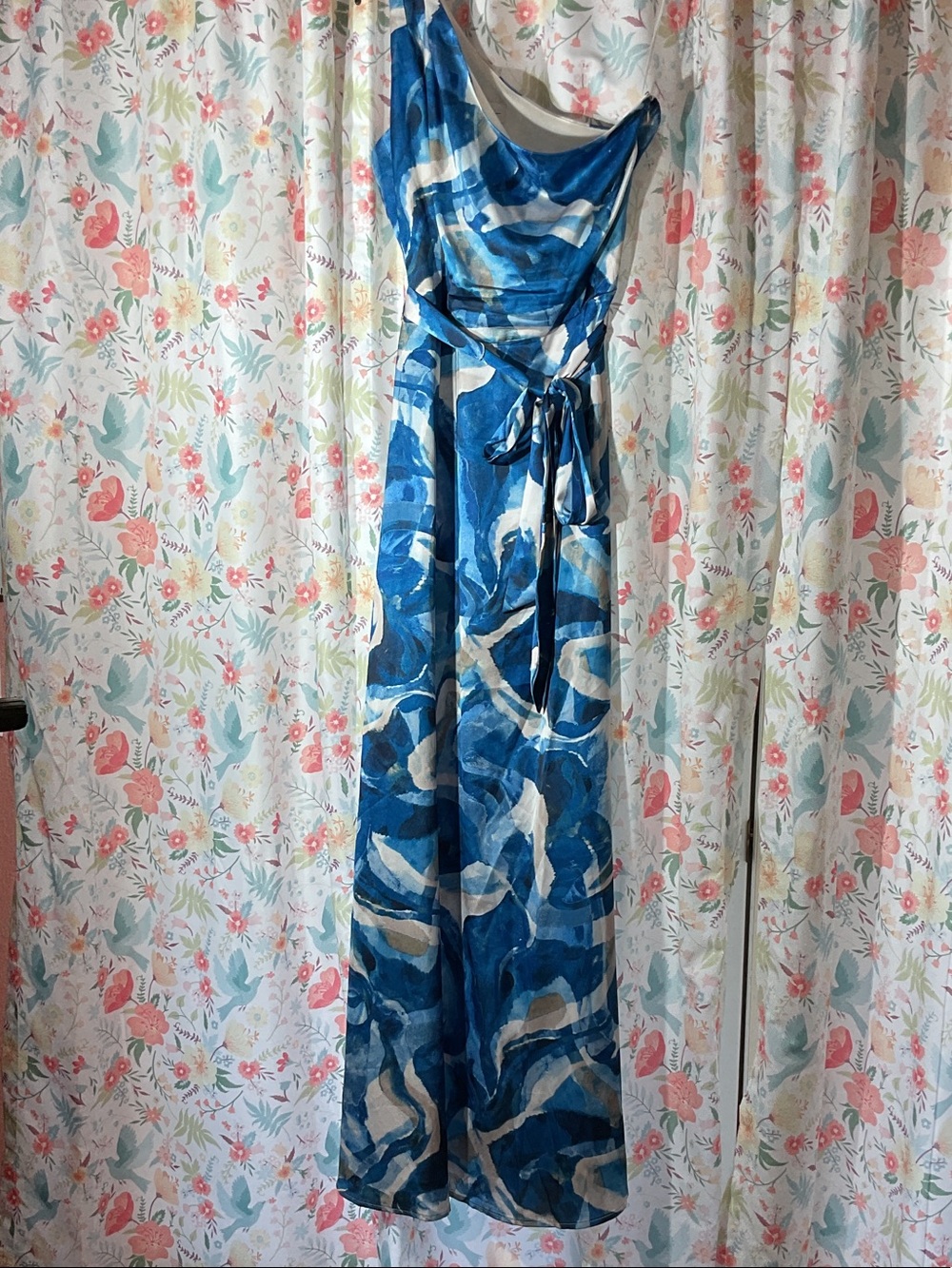 Nicole Miller Blue and White One-Shoulder Maxi Dress